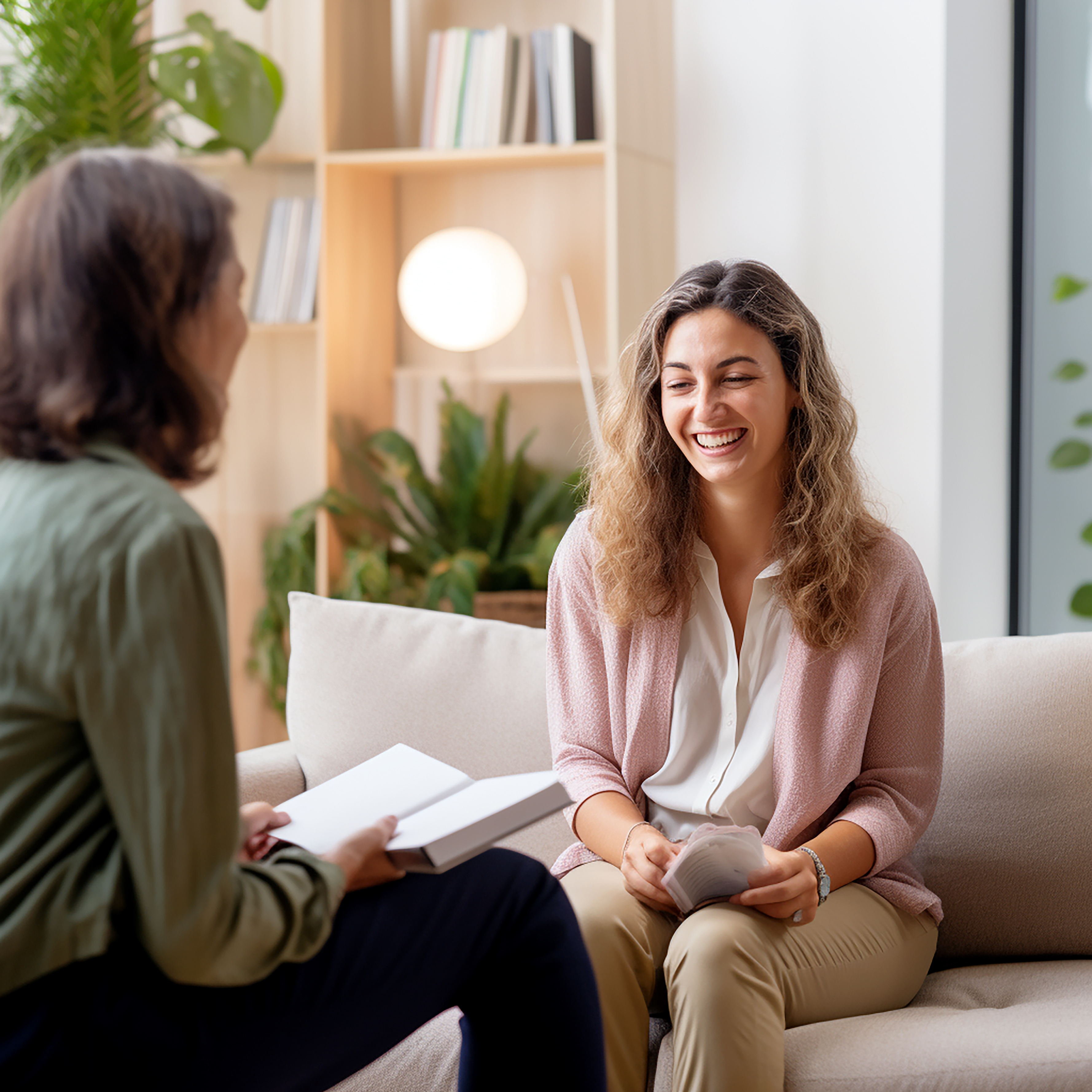 Cérebro com formas calmas e um balão de fala, representando saúde mental